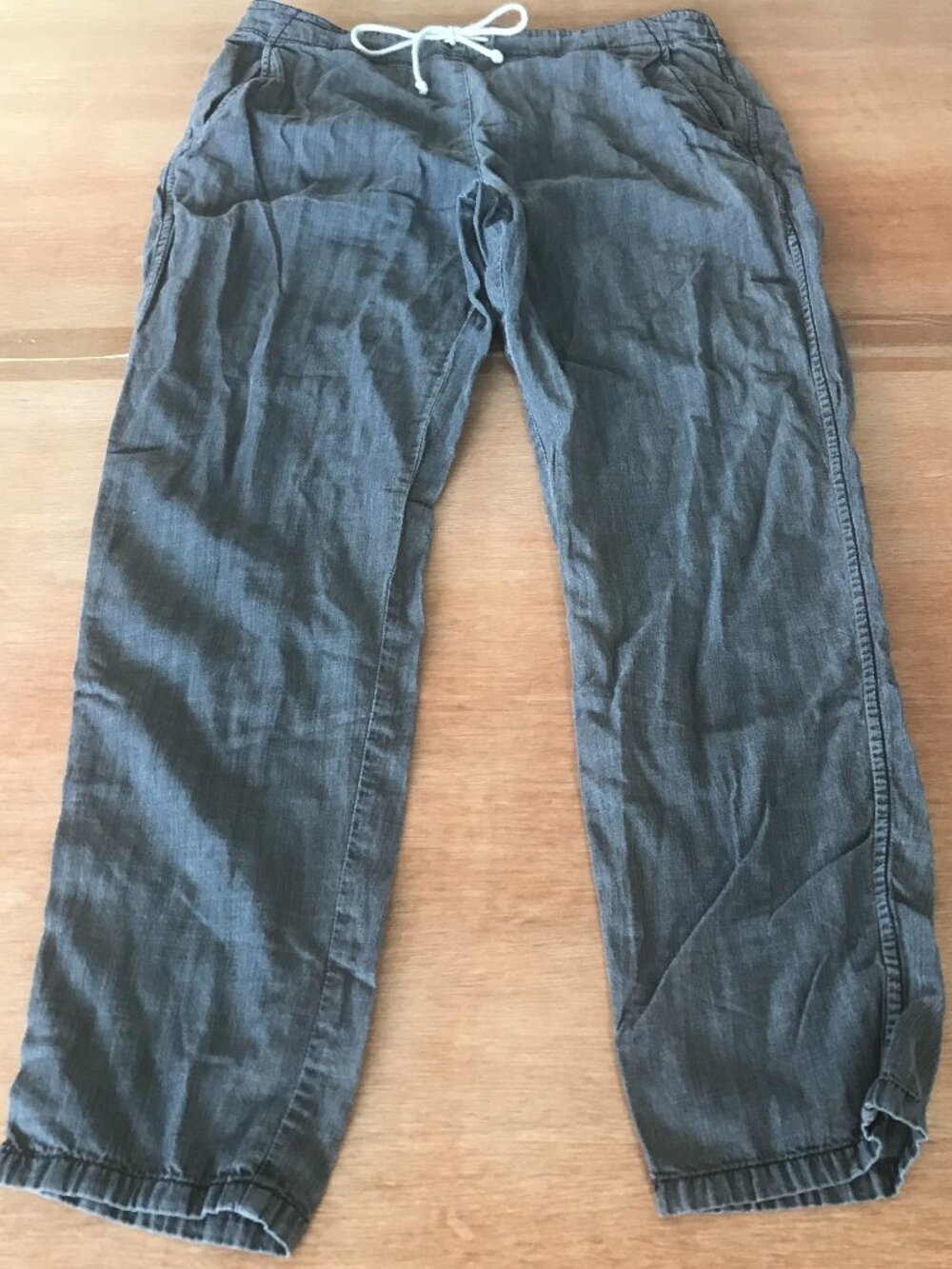 Eileen Fisher Chambray Straight Leg Pants Women S Gray High Rise Tie Waist Boho